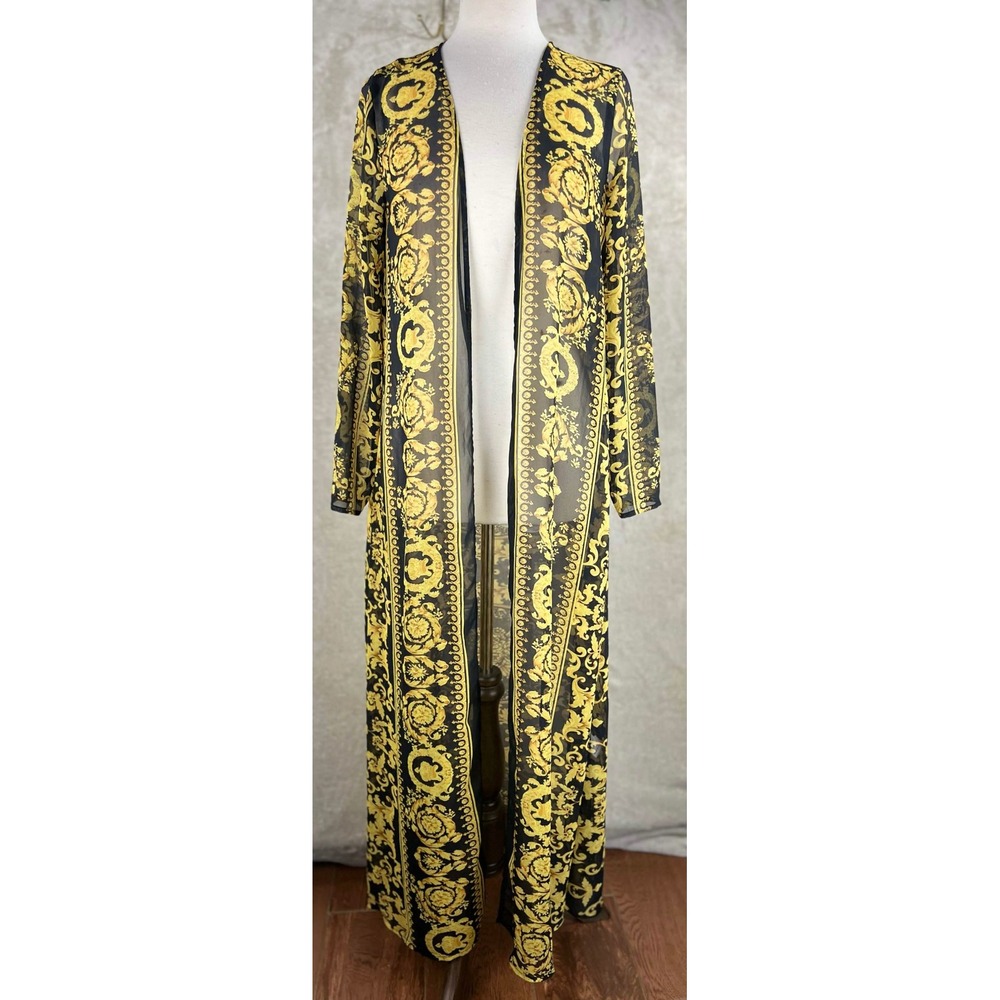 PrettyLittleThing Black Gold Baroque Print Mesh Duster Cardigan US 4 NWOT